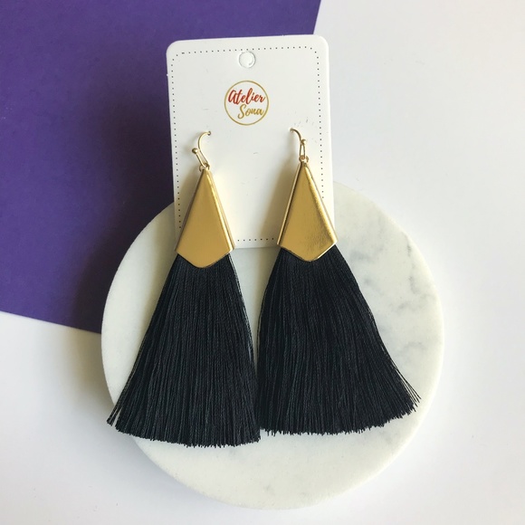 Atelier Sona Jewelry - Geometric Fringe Tassel Statement Earrings - Black